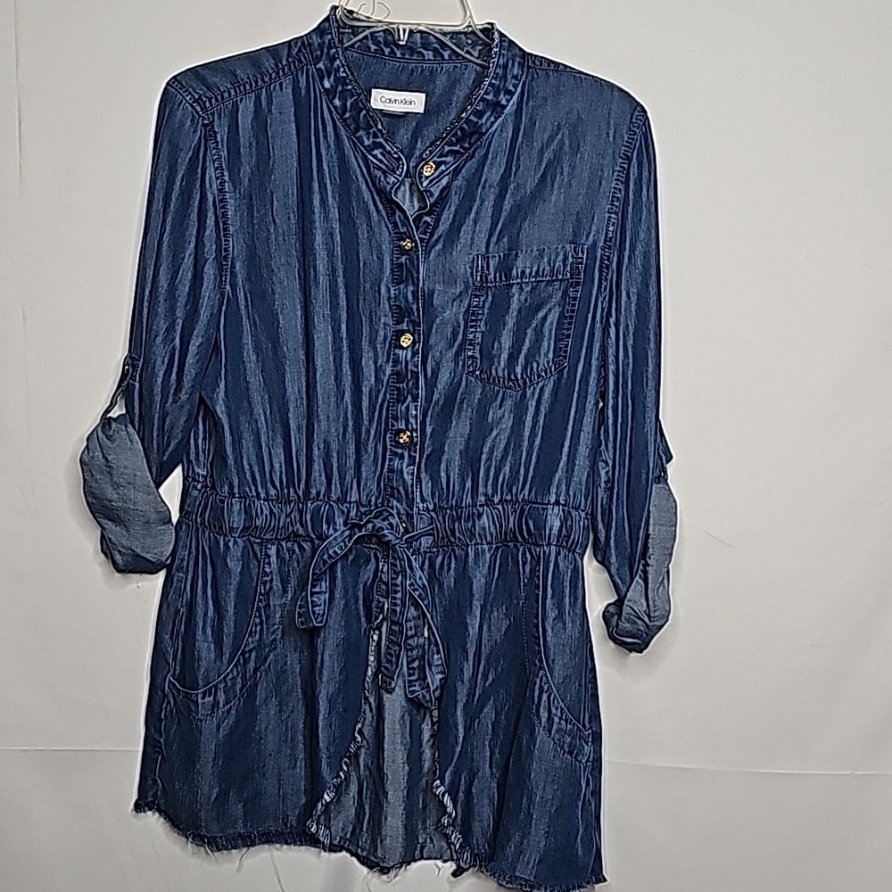 Calvin Klein raw hem ruched waist line with tie long sleeve button down shirt 12